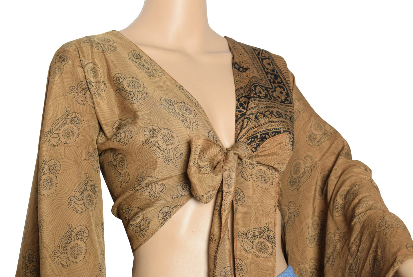 Sushila Vintage Bell Sleeve Bohemian Brown Recycled Silk Saree Top 70,s Retro