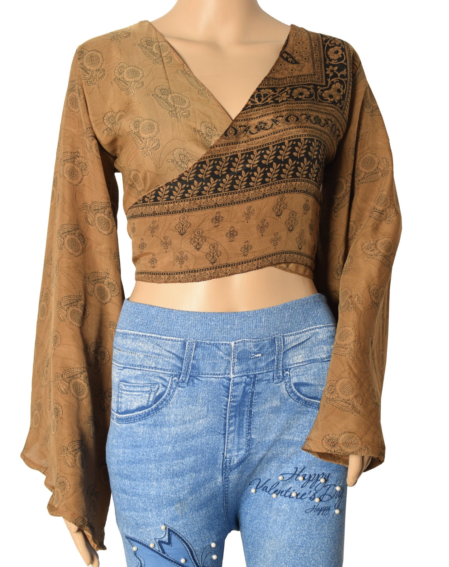 Sushila Vintage Bell Sleeve Bohemian Brown Recycled Silk Saree Top 70,s Retro