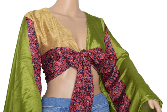 Sushila Vintage Boho Green Bell Sleeve NEW Recycled Silk Saree Top 70,s Retro