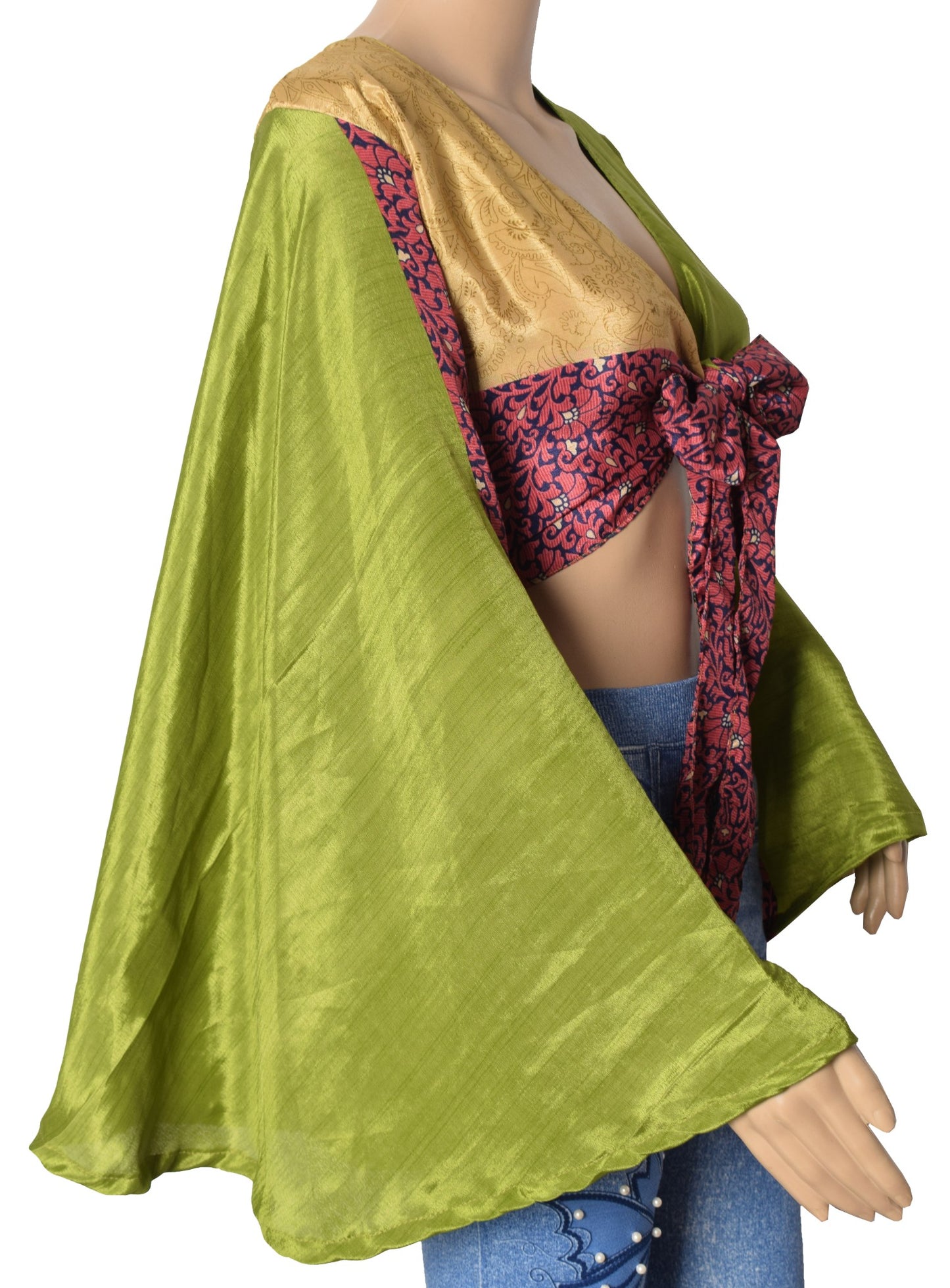 Sushila Vintage Boho Green Bell Sleeve NEW Recycled Silk Saree Top 70,s Retro