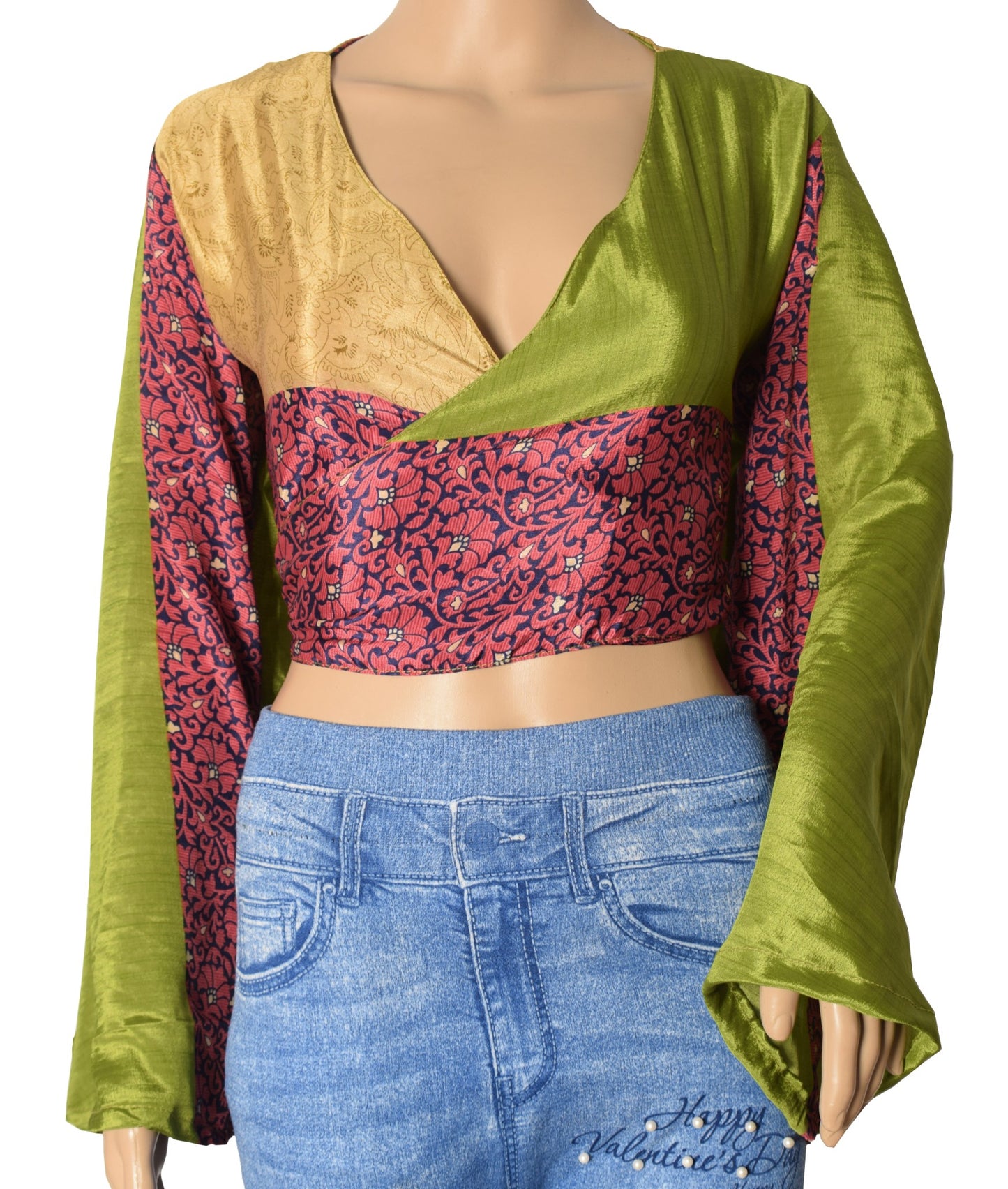 Sushila Vintage Boho Green Bell Sleeve NEW Recycled Silk Saree Top 70,s Retro