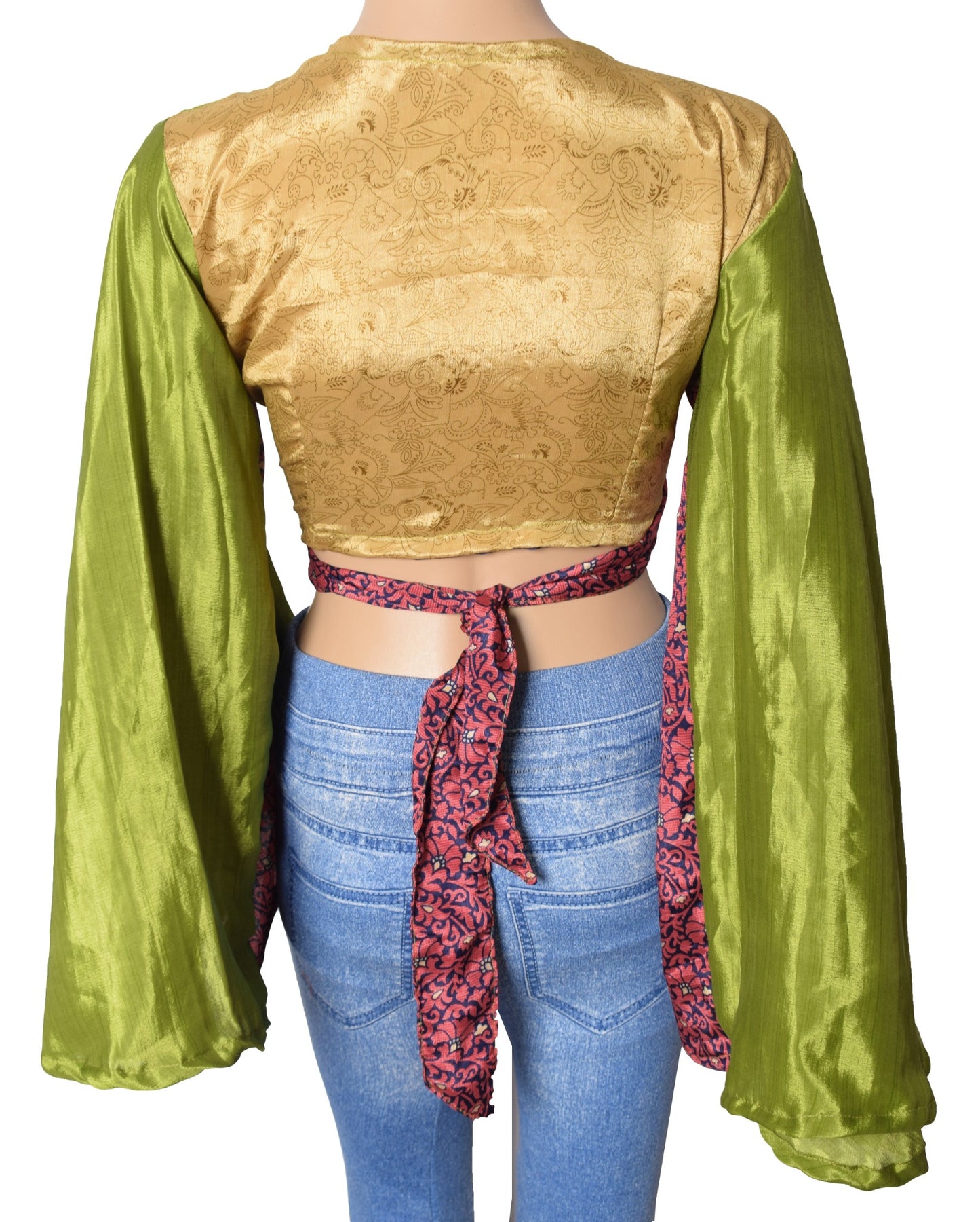 Sushila Vintage Boho Green Bell Sleeve NEW Recycled Silk Saree Top 70,s Retro