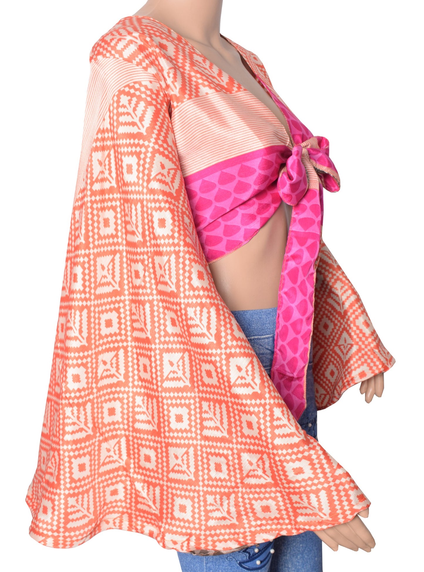 Sushila Vintage Bell Sleeve Bohemian NEW Recycled Silk Saree Top 70,s Retro Wrap