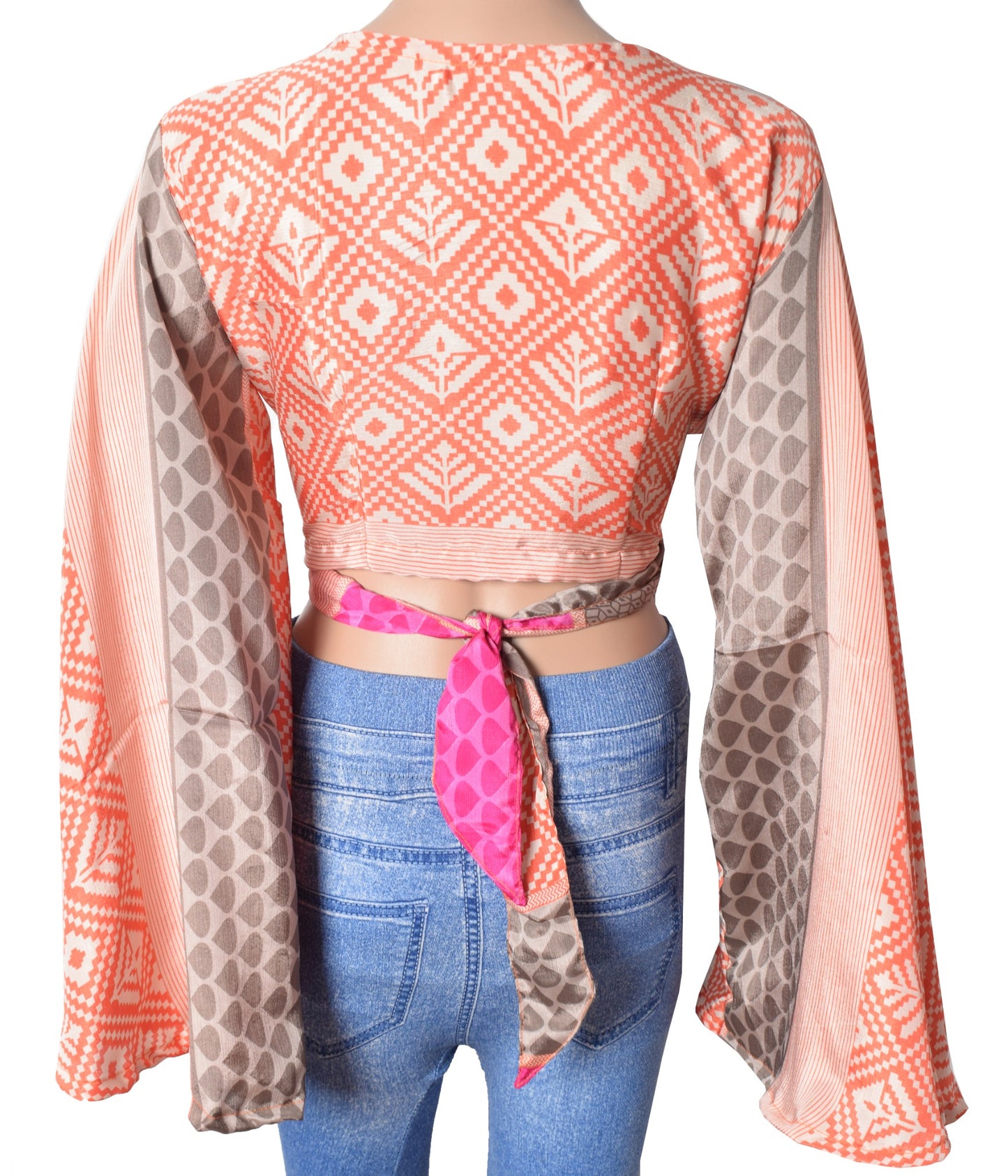 Sushila Vintage Bell Sleeve Bohemian NEW Recycled Silk Saree Top 70,s Retro Wrap