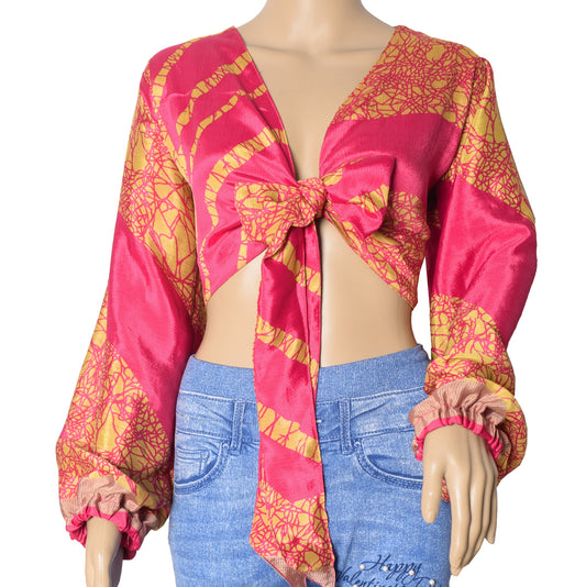 Sushila Vintage Balloon Sleeve Boho Magenta NEW Recycled Silk Saree Top 70,s