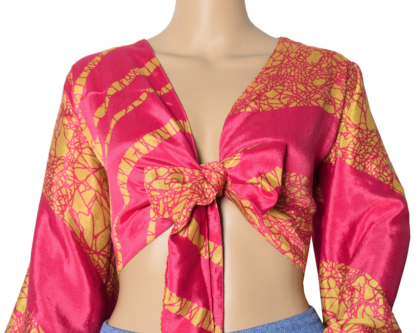 Sushila Vintage Balloon Sleeve Boho Magenta NEW Recycled Silk Saree Top 70,s