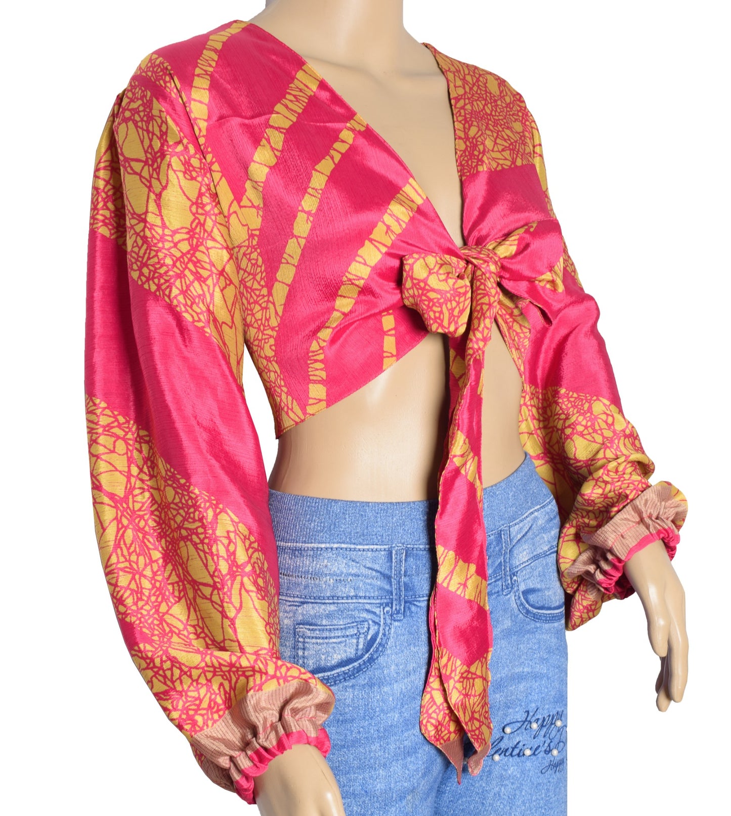 Sushila Vintage Balloon Sleeve Boho Magenta NEW Recycled Silk Saree Top 70,s