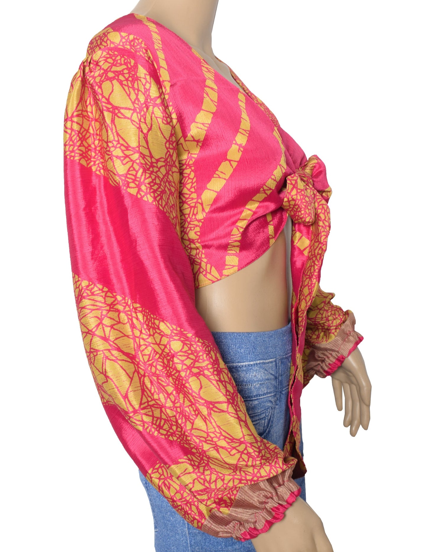 Sushila Vintage Balloon Sleeve Boho Magenta NEW Recycled Silk Saree Top 70,s