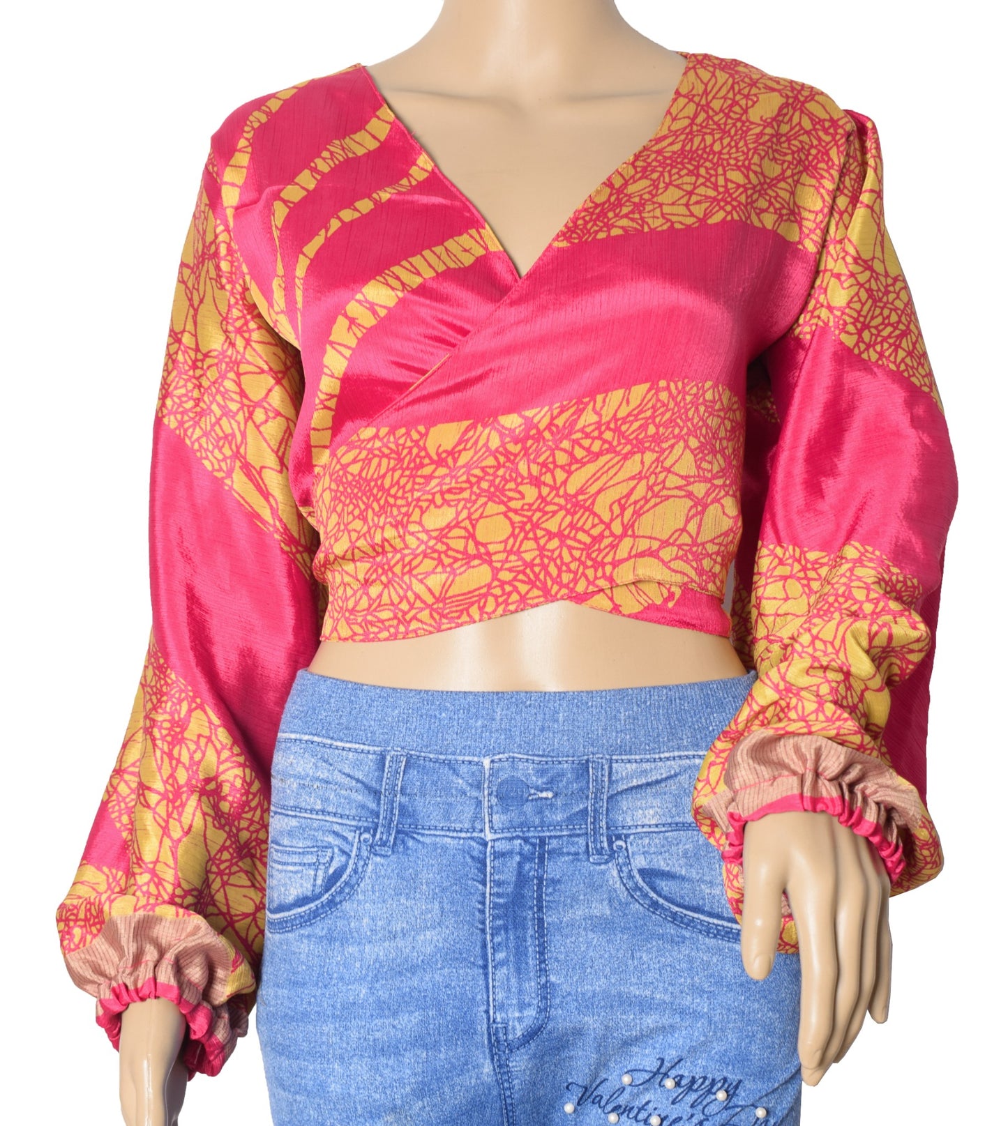 Sushila Vintage Balloon Sleeve Boho Magenta NEW Recycled Silk Saree Top 70,s