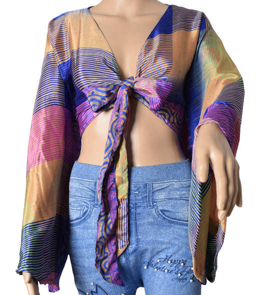 Sushila Vintage Bell Sleeve Multi-Color NEW Recycled Silk Saree Top 70,s Boho