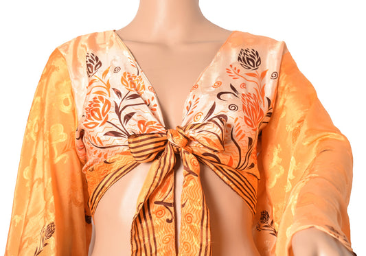 Sushila Vintage Bell Sleeve Boho Orange NEW Recycled Silk Saree Top 70,s Retro