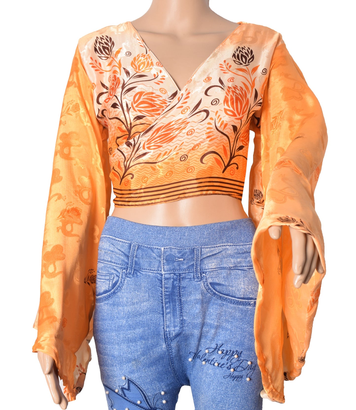 Sushila Vintage Bell Sleeve Boho Orange NEW Recycled Silk Saree Top 70,s Retro