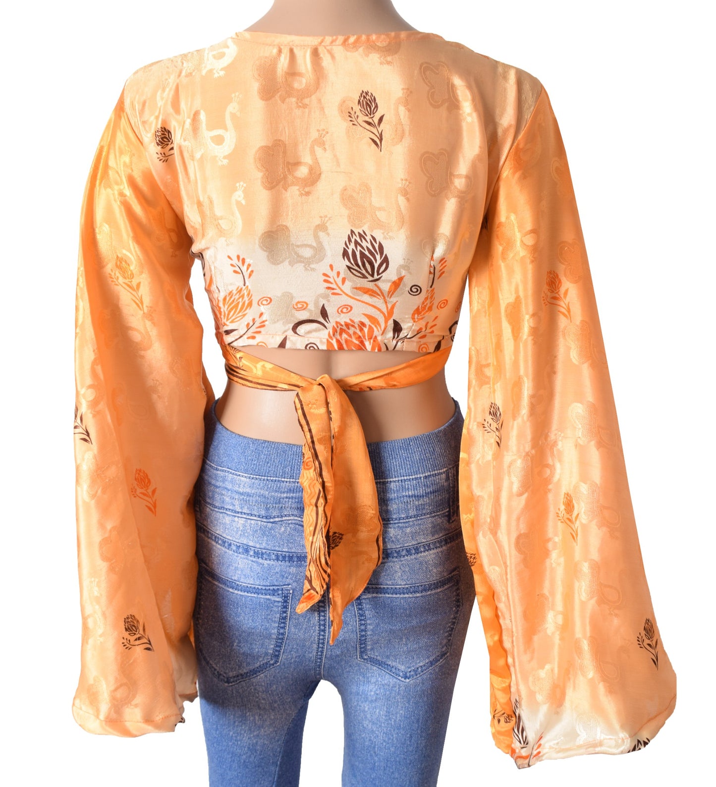 Sushila Vintage Bell Sleeve Boho Orange NEW Recycled Silk Saree Top 70,s Retro