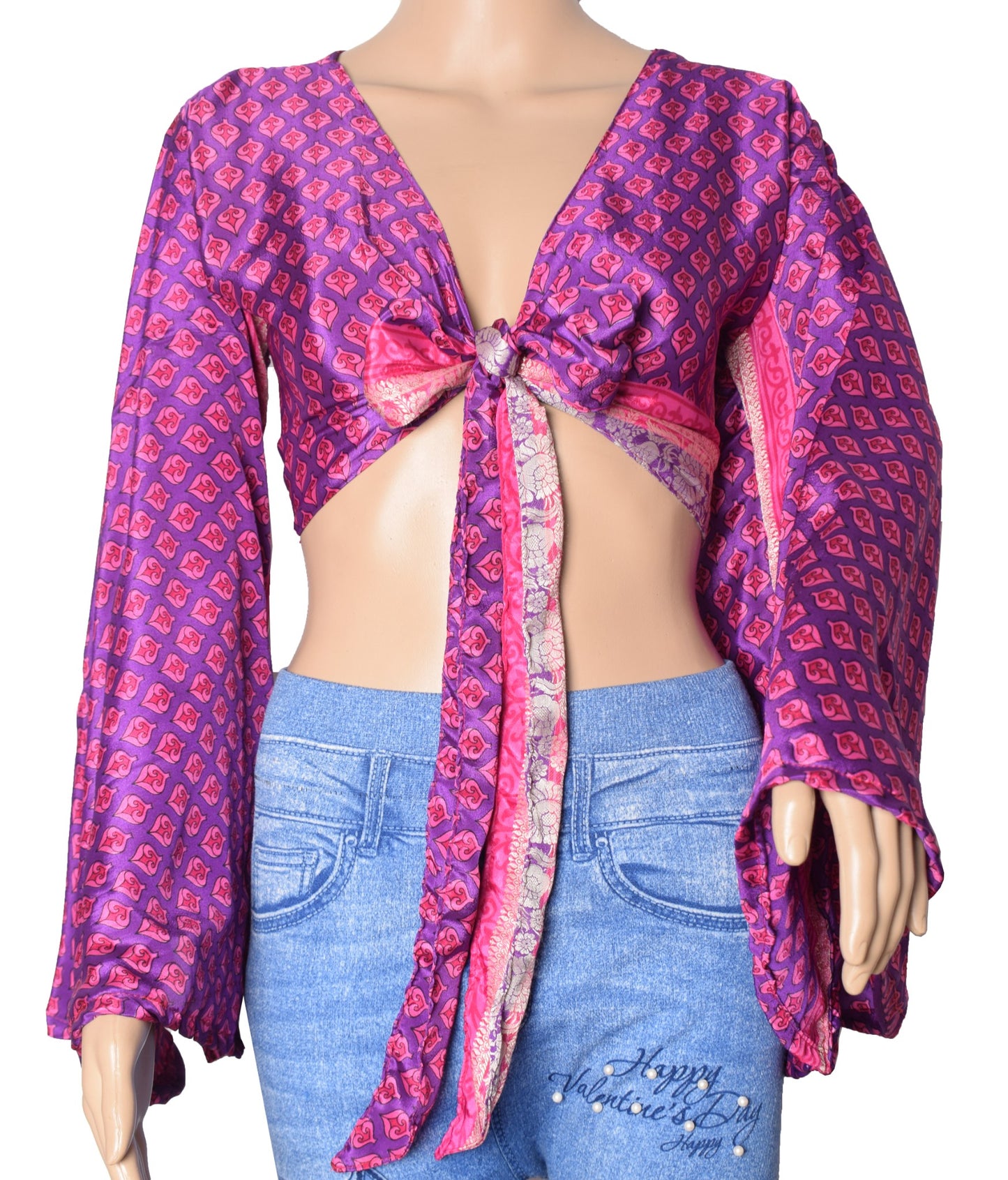 Sushila Vintage Purple Bell Sleeve Bohemian NEW Recycled Silk Saree Top 70,s
