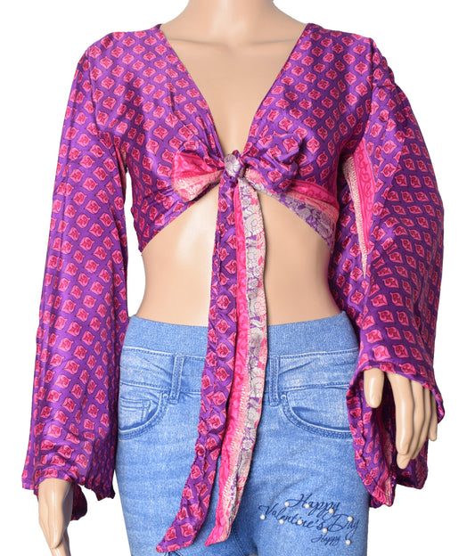 Sushila Vintage Purple Bell Sleeve Bohemian NEW Recycled Silk Saree Top 70,s