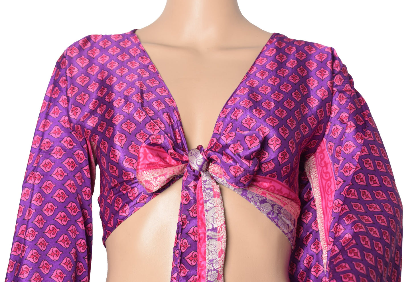 Sushila Vintage Purple Bell Sleeve Bohemian NEW Recycled Silk Saree Top 70,s