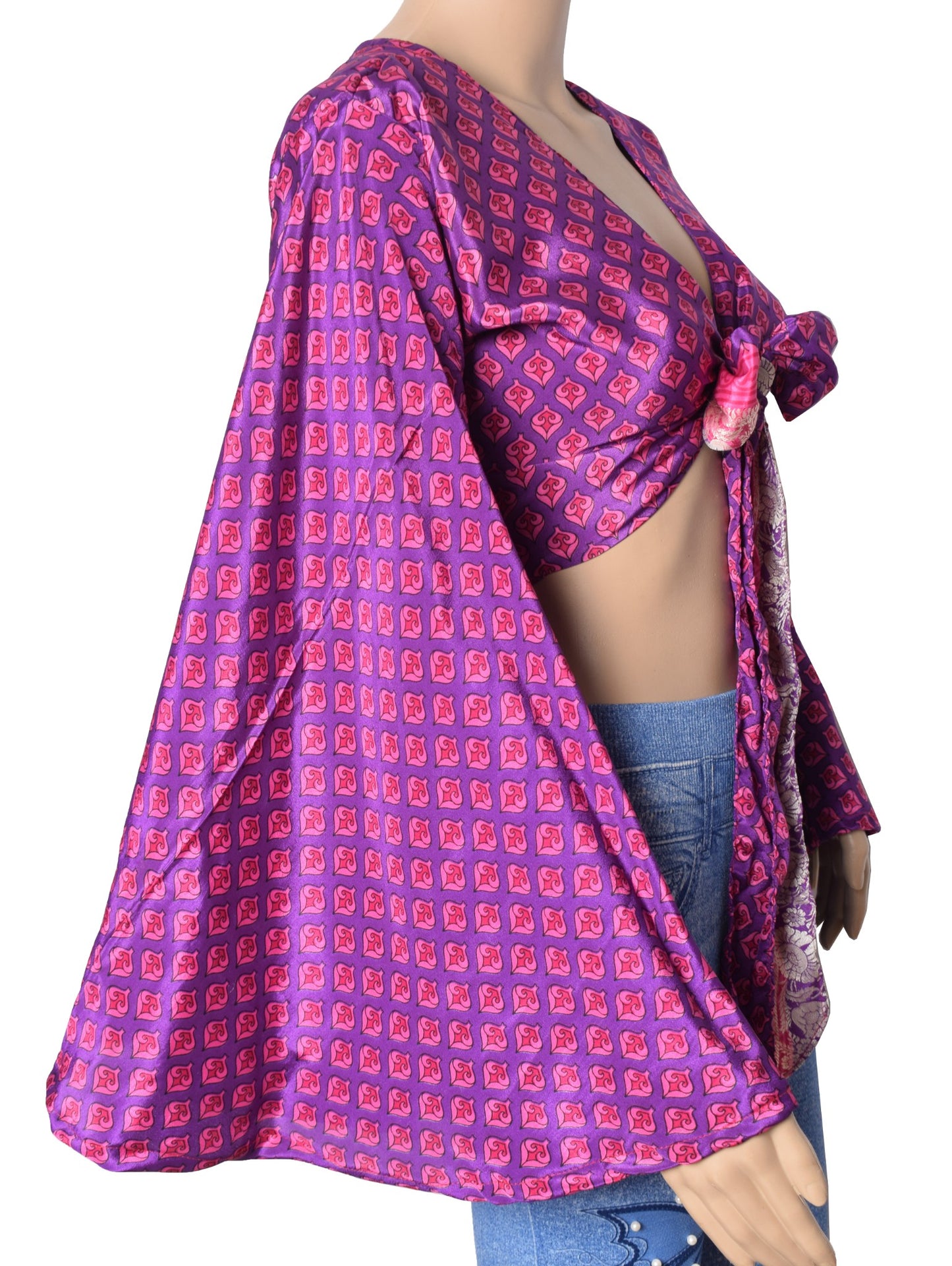 Sushila Vintage Purple Bell Sleeve Bohemian NEW Recycled Silk Saree Top 70,s