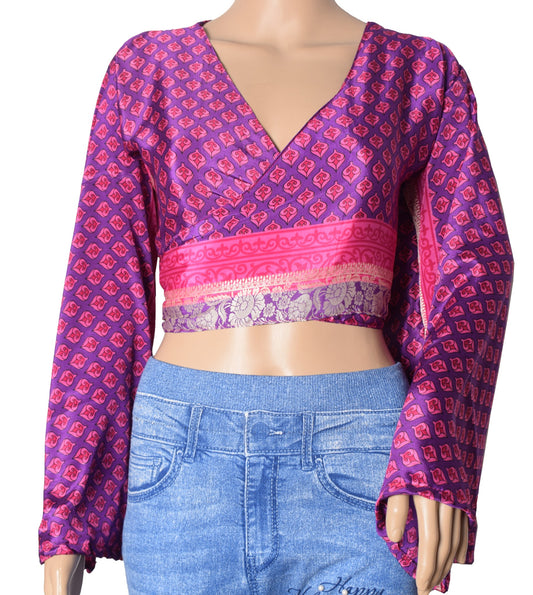 Sushila Vintage Purple Bell Sleeve Bohemian NEW Recycled Silk Saree Top 70,s