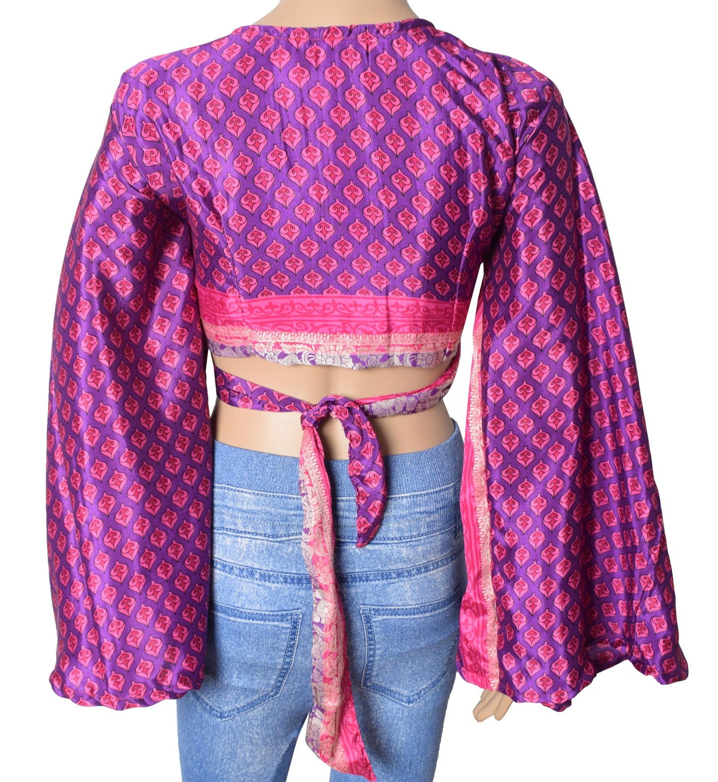 Sushila Vintage Purple Bell Sleeve Bohemian NEW Recycled Silk Saree Top 70,s