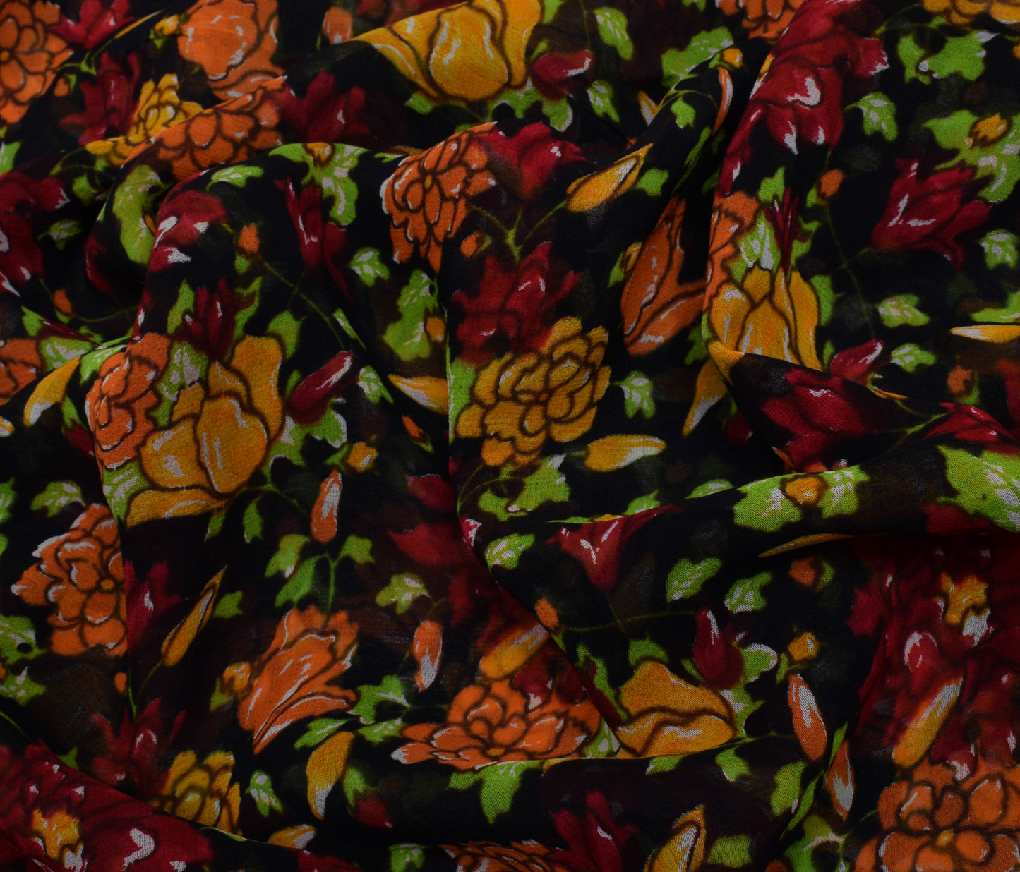 Sushila Vintage Black Sari Pure Georgette Silk Printed Dress Fabric By the Yard