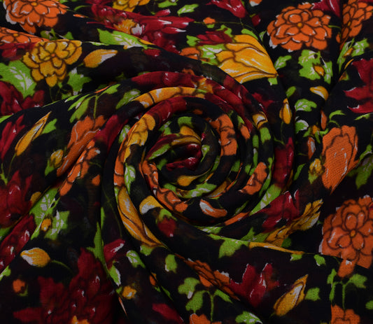 Sushila Vintage Black Sari Pure Georgette Silk Printed Dress Fabric By the Yard