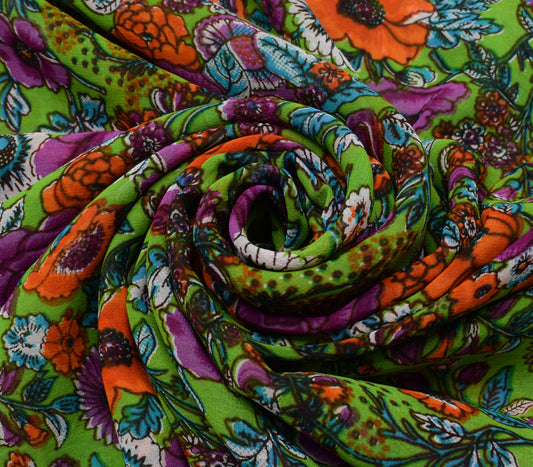 Sushila Vintage Green Saree Pure Georgette Silk Printed Dress Fabric By the Yard