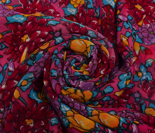 Sushila Vintage Pink Sari Pure Georgette Silk Printed Dress Fabric By the Yard