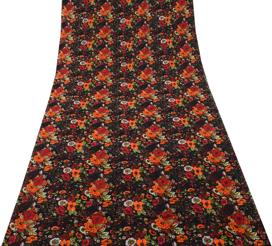 Sushila Vintage Black Sari Pure Georgette Silk Printed Dress Fabric By the Yard