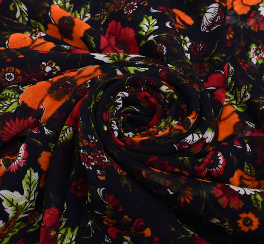 Sushila Vintage Black Sari Pure Georgette Silk Printed Dress Fabric By the Yard