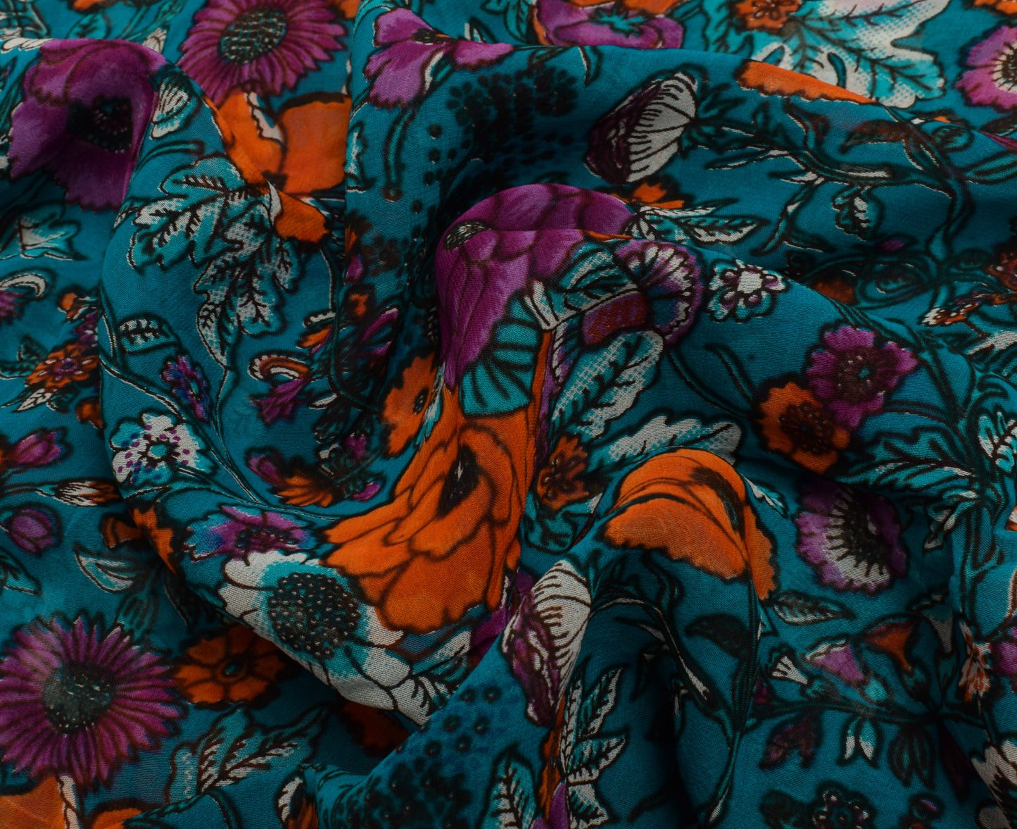 Sushila Vintage Blue Saree Pure Georgette Silk Printed Dress Fabric By the Yard