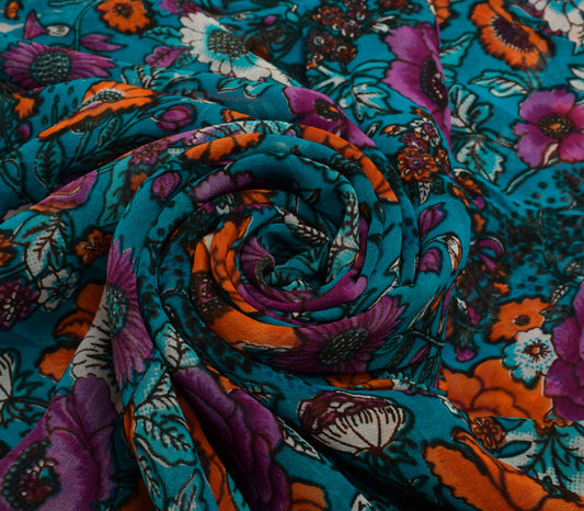 Sushila Vintage Blue Saree Pure Georgette Silk Printed Dress Fabric By the Yard