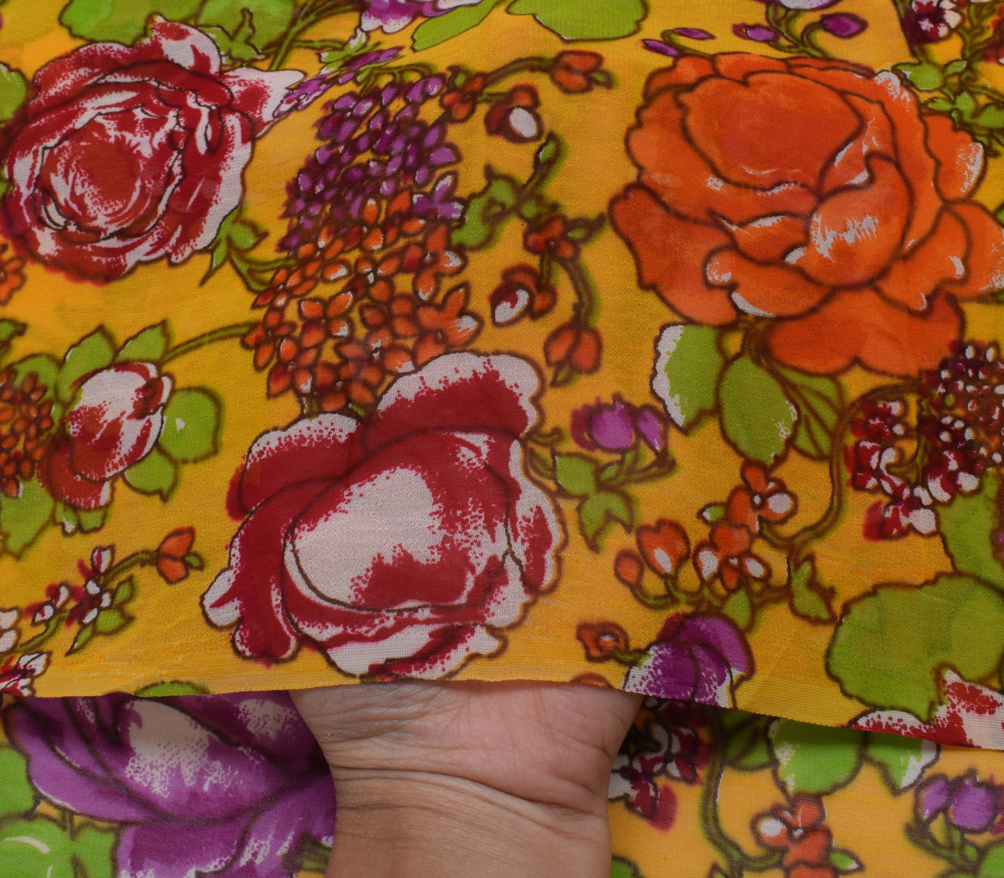 Sushila Vintage Yellow Pure Georgette Silk Printed Sari Dress Fabric By the Yard