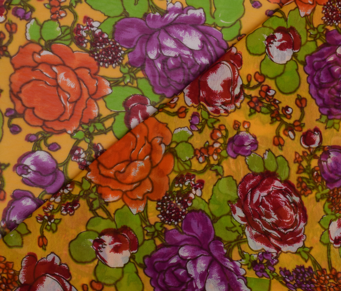 Sushila Vintage Yellow Pure Georgette Silk Printed Sari Dress Fabric By the Yard