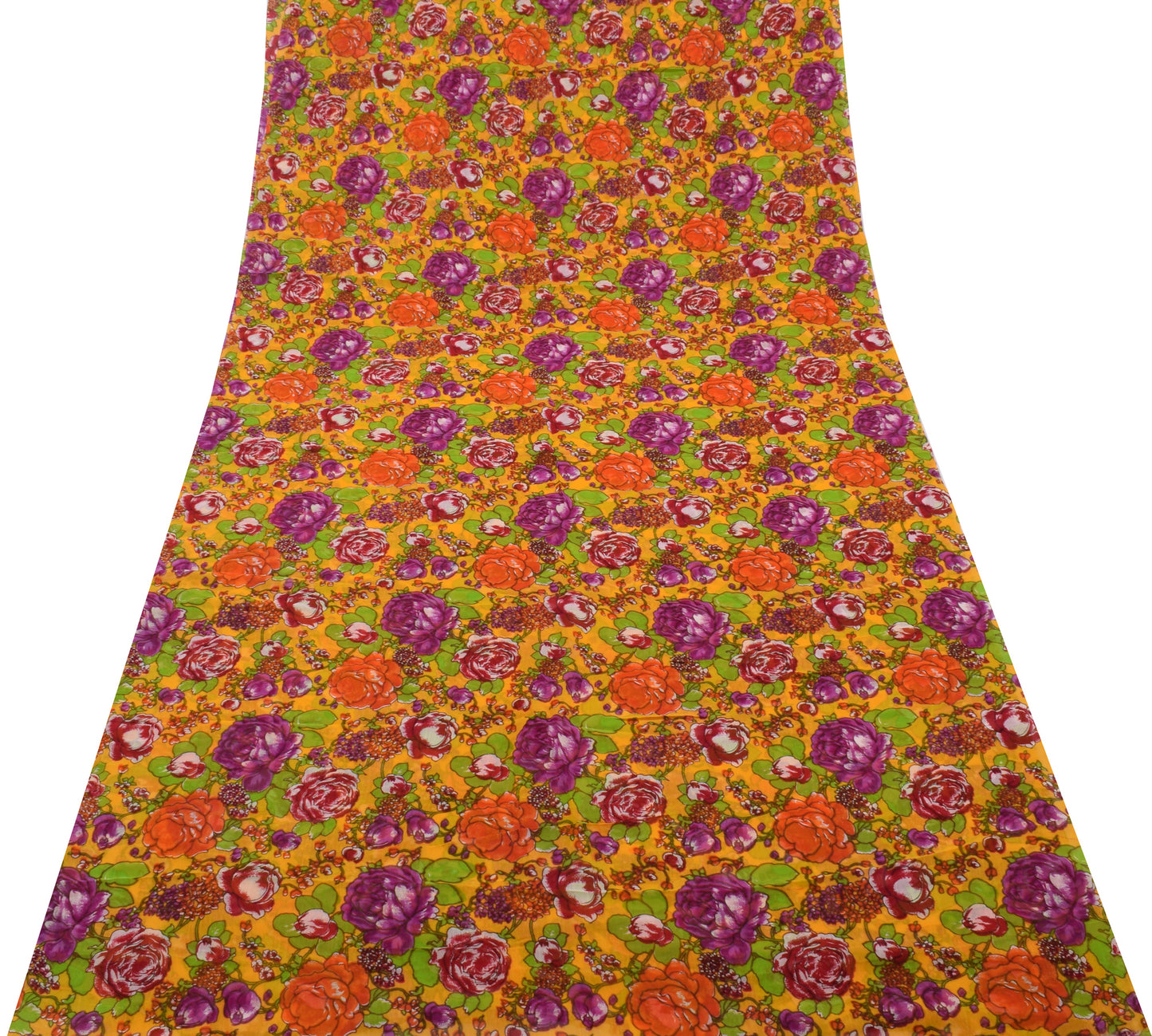 Sushila Vintage Yellow Pure Georgette Silk Printed Sari Dress Fabric By the Yard
