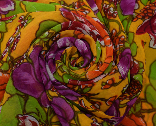 Sushila Vintage Yellow Pure Georgette Silk Printed Sari Dress Fabric By the Yard