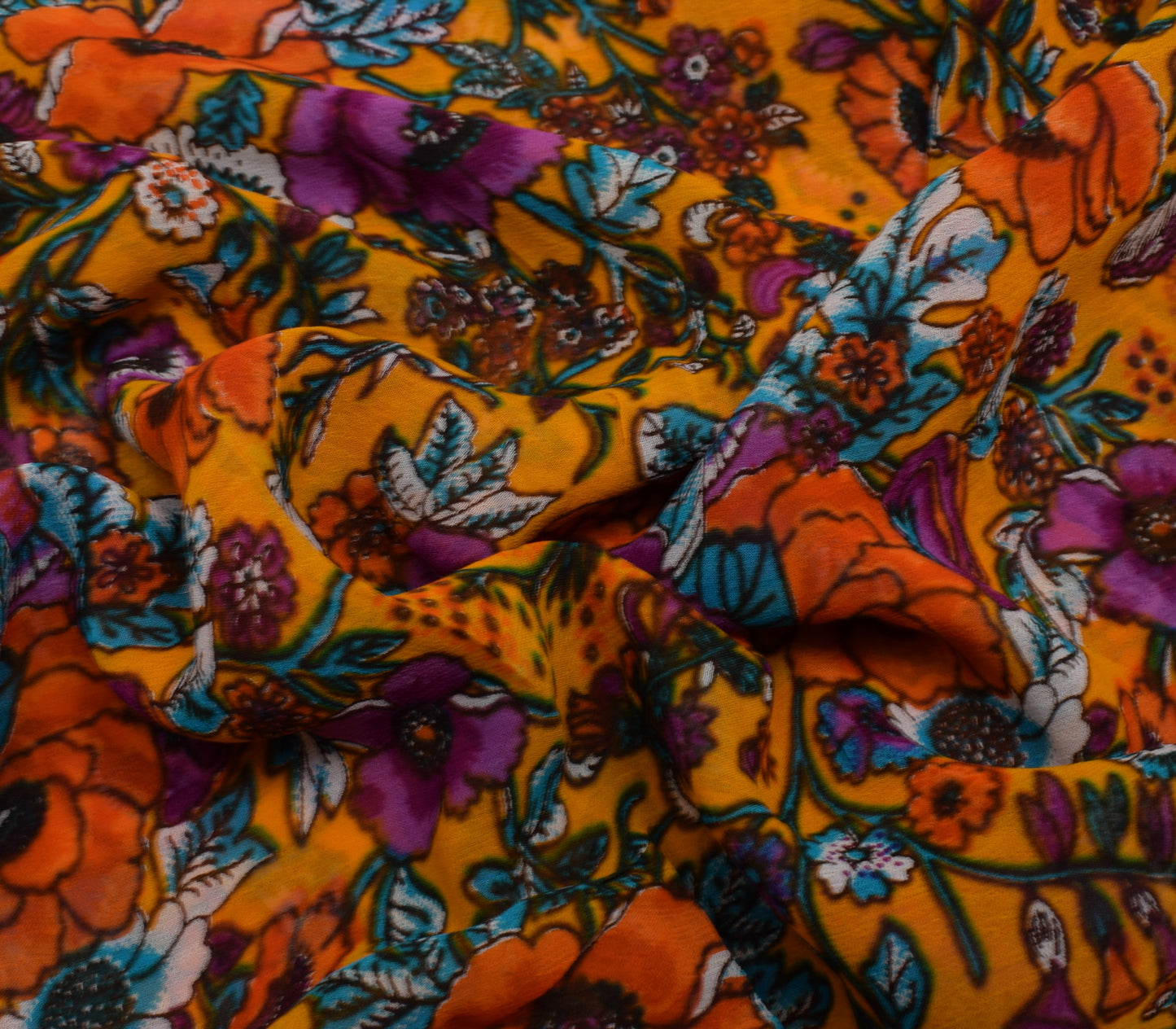 Sushila Vintage Yellow Sari Pure Georgette Silk Printed Dress Fabric By the Yard