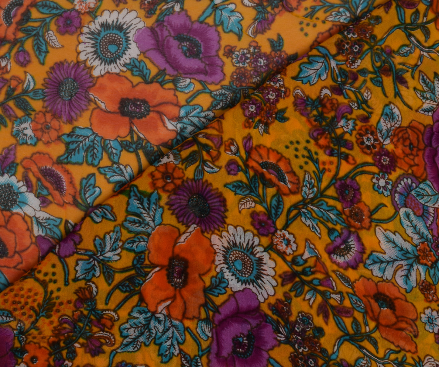 Sushila Vintage Yellow Sari Pure Georgette Silk Printed Dress Fabric By the Yard