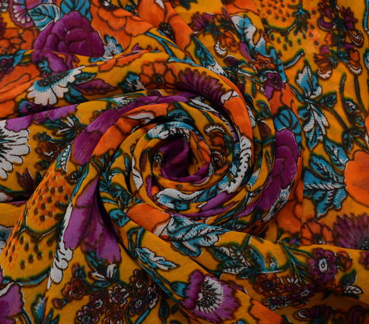 Sushila Vintage Yellow Sari Pure Georgette Silk Printed Dress Fabric By the Yard