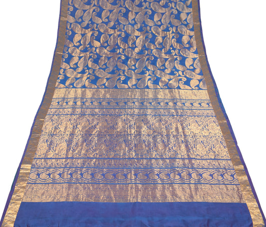 Sushila Vintage Kanjivaram Blue Saree PureSilk Gold Zari Woven HEAVY Sari Fabric