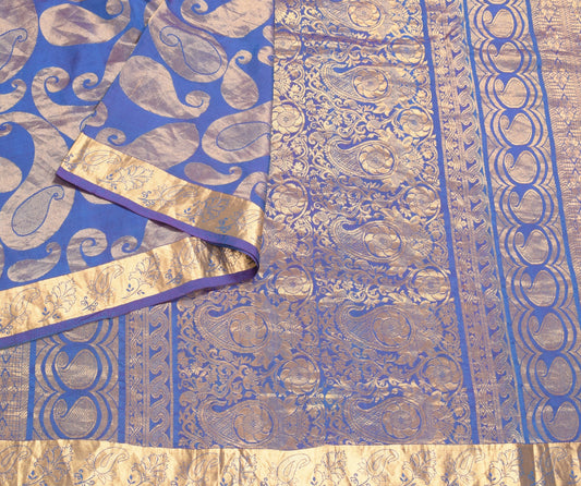 Sushila Vintage Kanjivaram Blue Saree PureSilk Gold Zari Woven HEAVY Sari Fabric