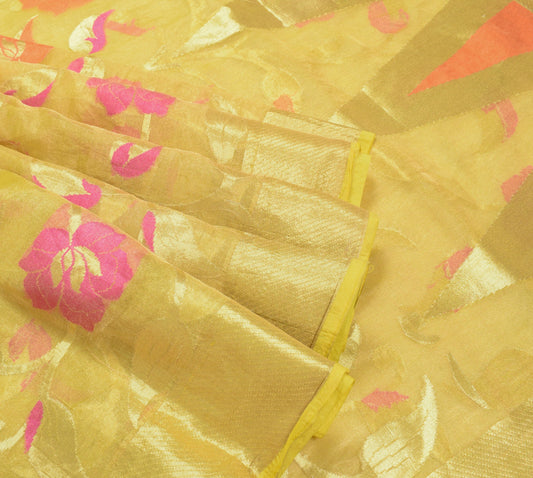 Sushila Vintage Yellow Pure Tissue Saree Floral Woven HEAVY Sari Craft  Fabric