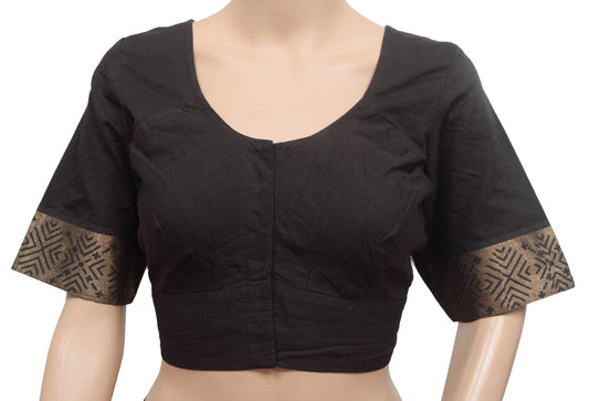 Sushila Vintage Readymade Stitched Sari Blouse Black Pure Cotton Woven Choli 40 for Wearing or Crafting Purpose