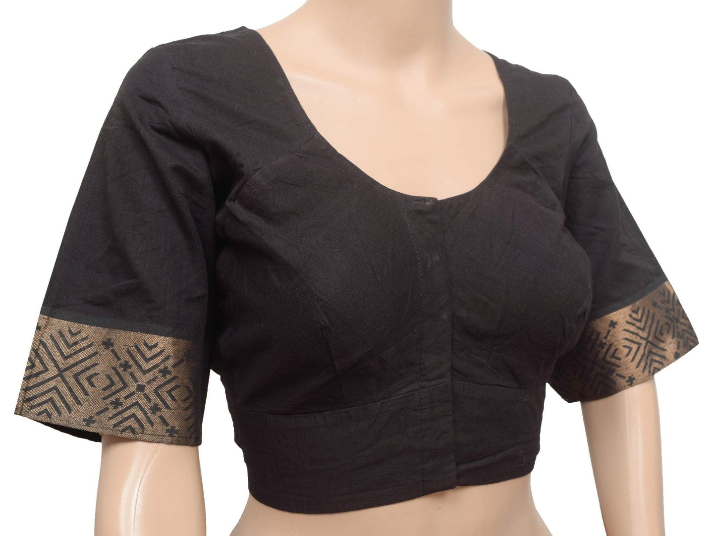 Sushila Vintage Readymade Stitched Sari Blouse Black Pure Cotton Woven Choli 40 for Wearing or Crafting Purpose