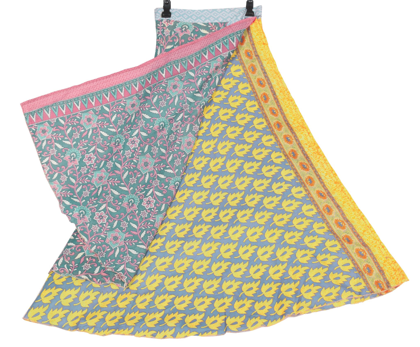 Sushila Vintage Saree Magic Wrap Reversible Skirt Gray Yellow Art Silk Beach Dress