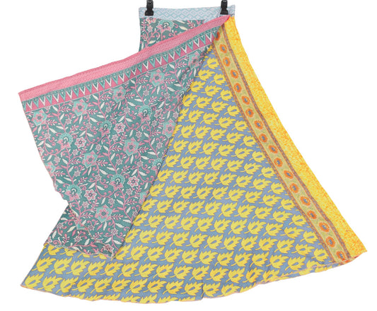 Sushila Vintage Saree Magic Wrap Reversible Skirt Gray Yellow Art Silk Beach Dress