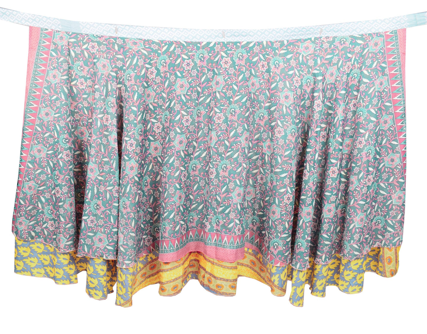 Sushila Vintage Saree Magic Wrap Reversible Skirt Gray Yellow Art Silk Beach Dress