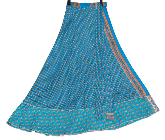 Sushila Vintage Art Silk Saree Magic Wrap Reversible Skirt Beach Dress Floral Blue