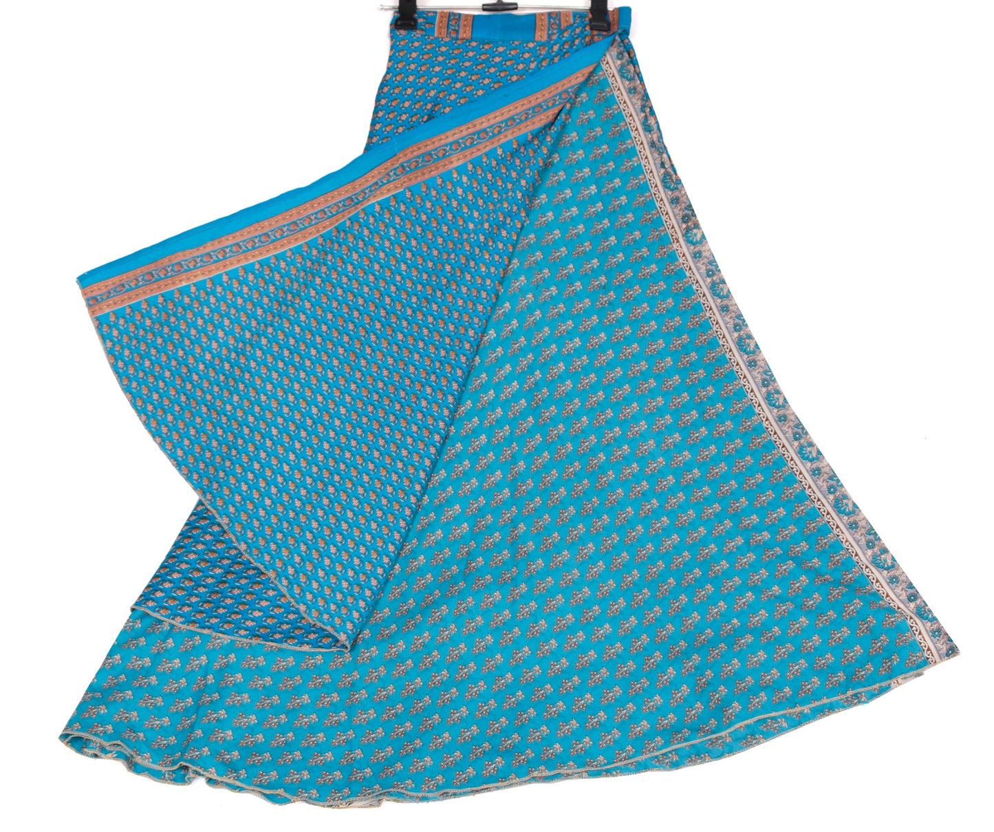 Sushila Vintage Art Silk Saree Magic Wrap Reversible Skirt Beach Dress Floral Blue