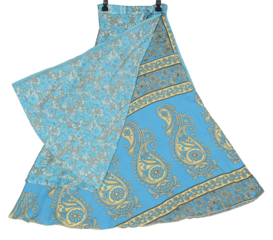 Sushila Vintage Art Silk Saree Magic Wrap Reversible Skirt Beach Dress Aqua Blue
