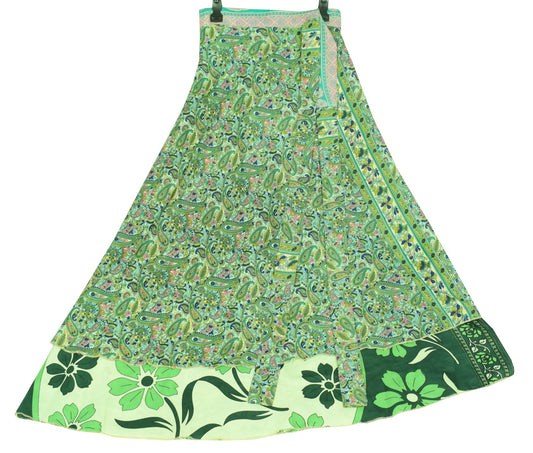 Sushila Vintage Green Floral Magic Wrap Reversible Skirt Art Silk Saree Beach Dress